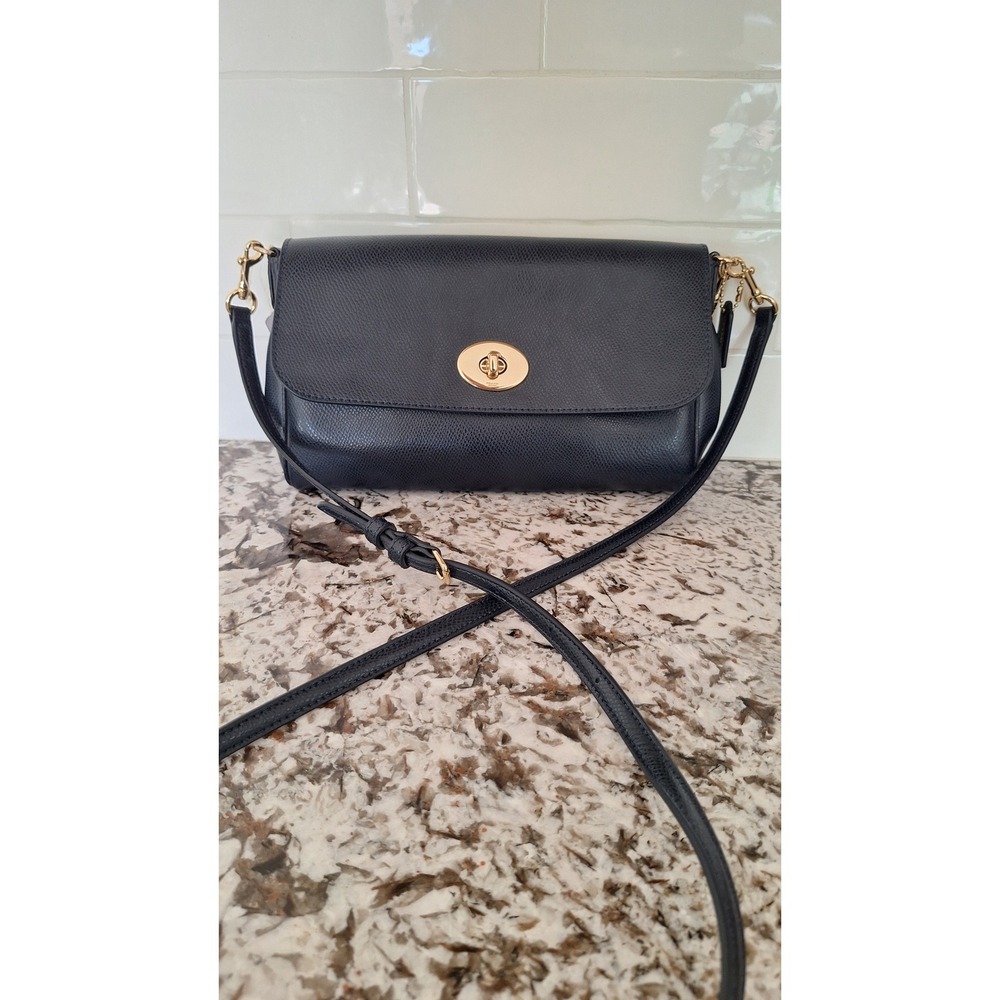 Coach F54849 Navy Blue Crossgrain Leather Turnlock Crossbody Bag Gold Hardware